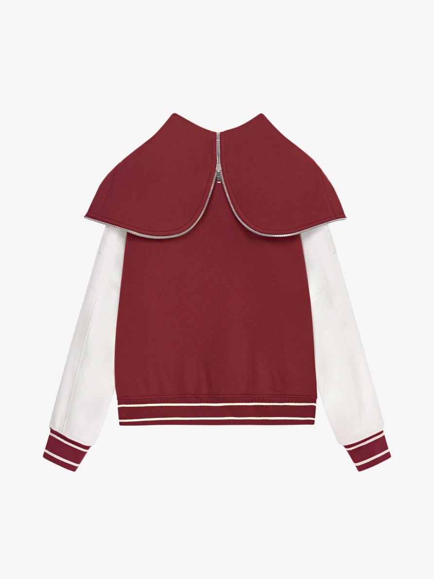 Men Givenchy Outerwear & Blousons | Givenchy Hooded Varsity Jacket In Wool And Leather Burgundy/White