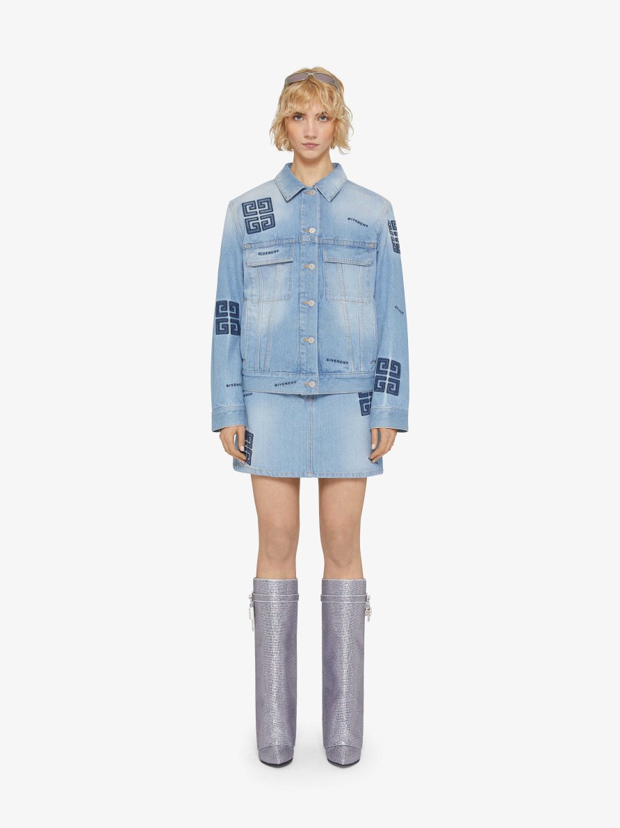 Women Givenchy Skirts | Skirt In 4G Embroidered Denim Light Blue