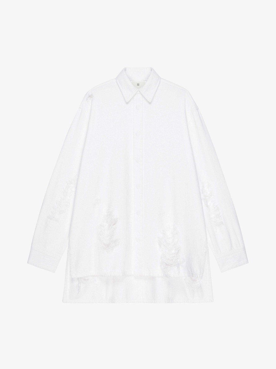 Women Givenchy Tops & Shirts | Oversized Shirt With Long Back In Destroyed Denim White