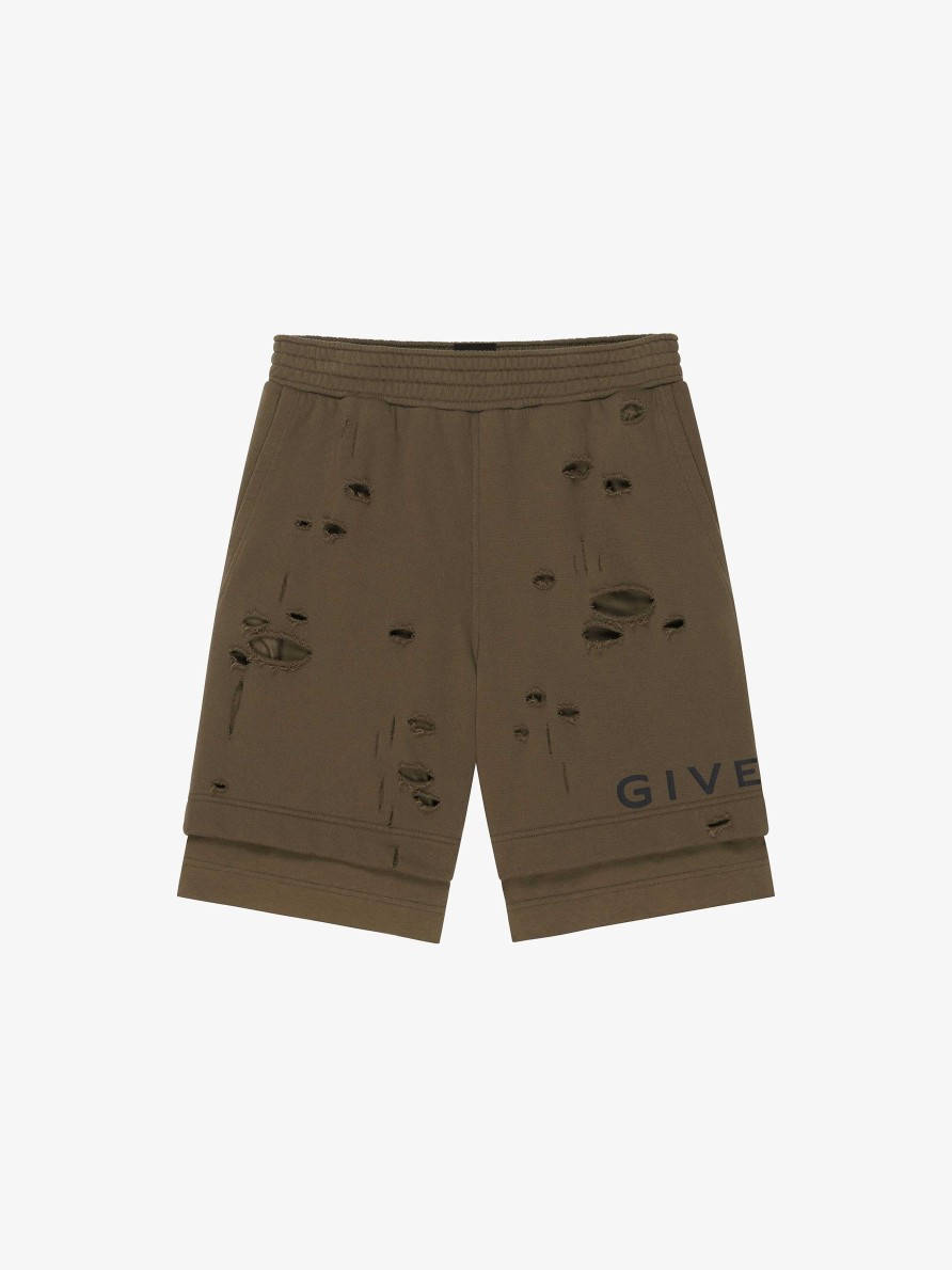 Men Givenchy Shorts | Givenchy Bermuda Shorts In Felpa With Destroyed Effect Khaki