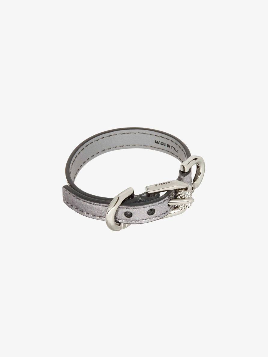 Women Givenchy Jewelry | Voyou Bracelet In Laminated Leather And Metal Silvery Grey