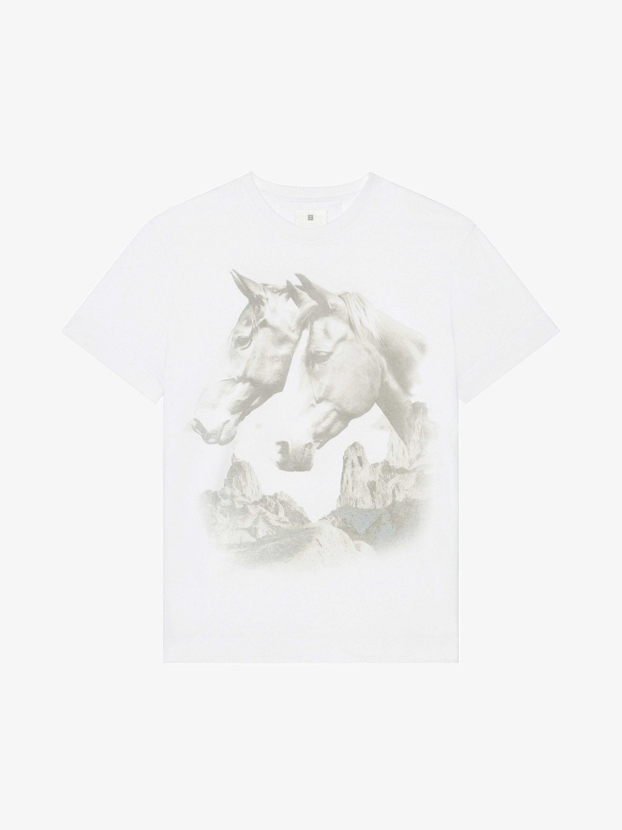 Men Givenchy T-Shirts | Oversized T-Shirt In Cotton With Givenchy Horse Print White