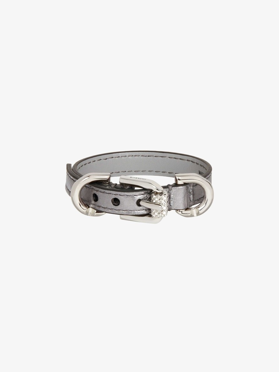 Women Givenchy Jewelry | Voyou Bracelet In Laminated Leather And Metal Silvery Grey