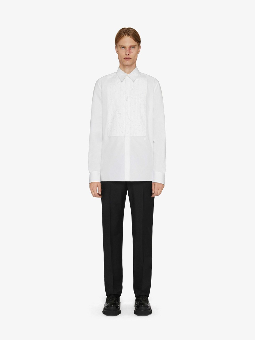 Men Givenchy Shirts | Shirt In Cotton With Textured Bib Front White