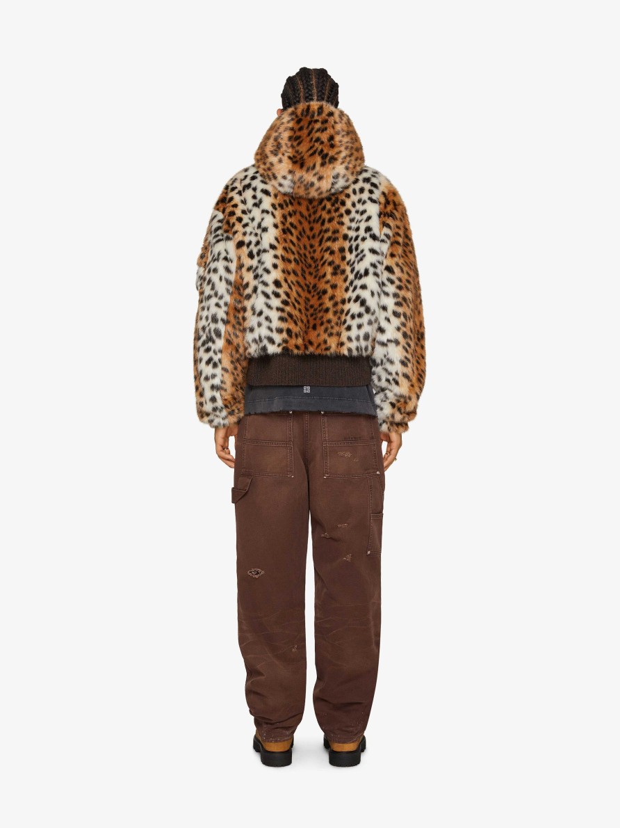 Men Givenchy Outerwear & Blousons | Cropped Hooded Bomber Jacket In Faux Fur With Pocket Beige/Brown