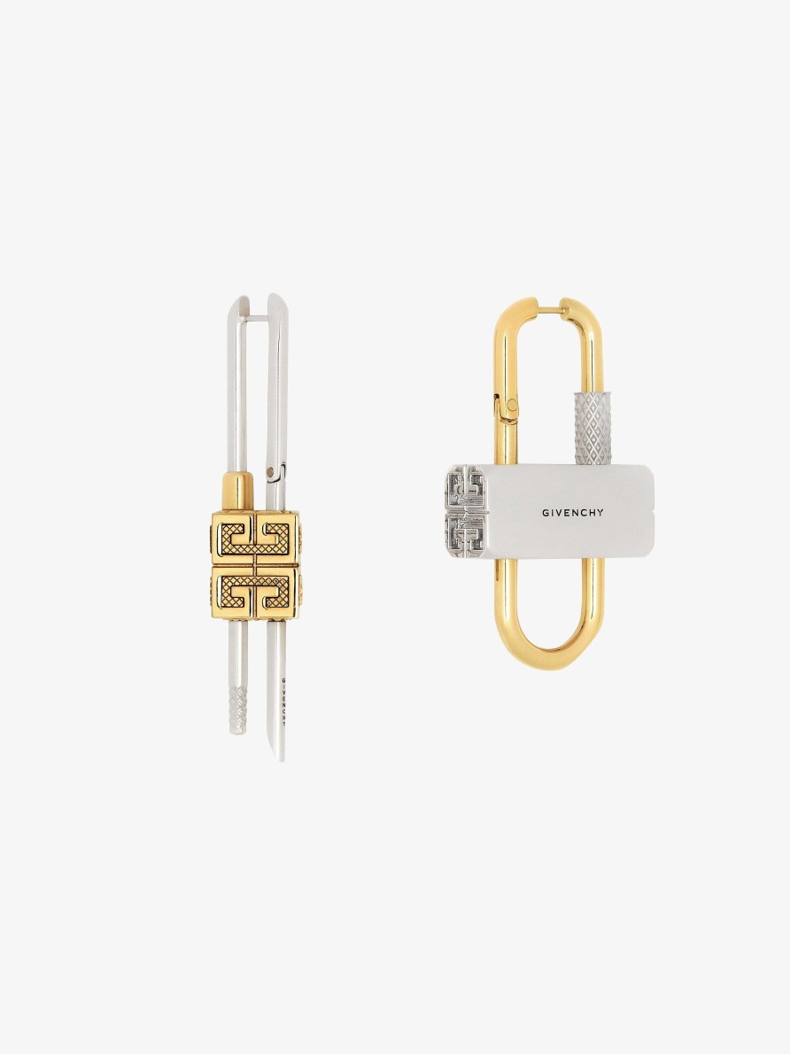 Men Givenchy Jewelry | Lock Asymmetrical Earrings In Metal Golden/Silvery