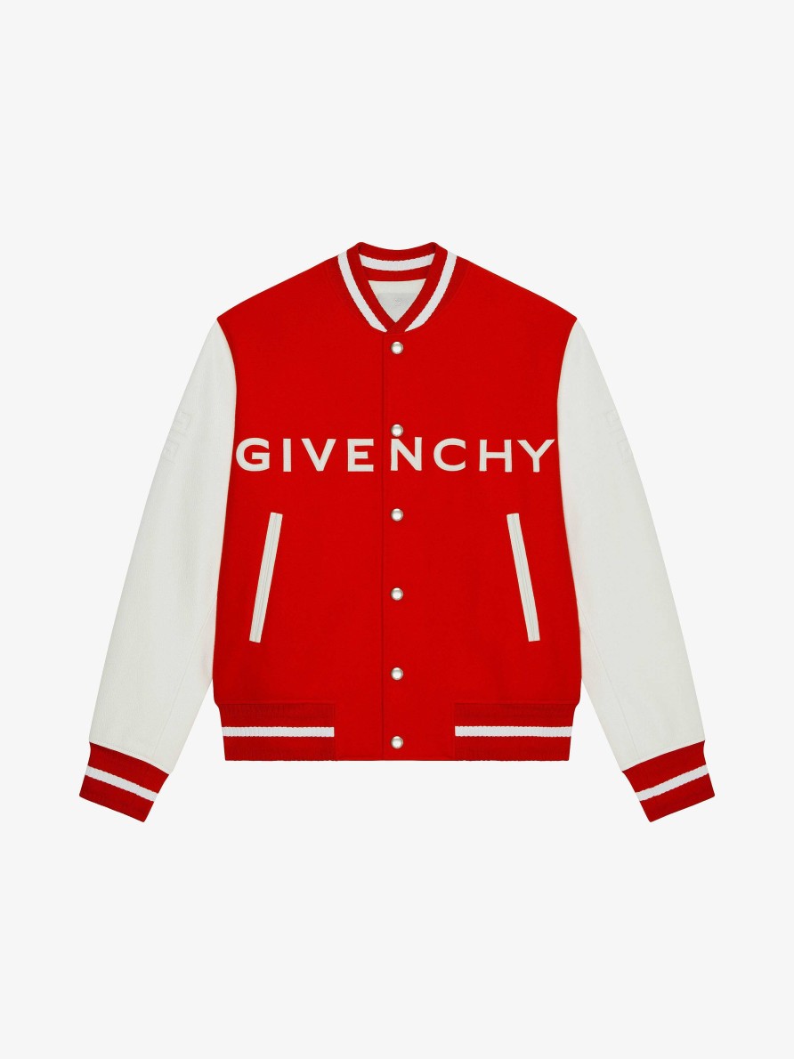 Men Givenchy Outerwear & Blousons | Givenchy Varsity Jacket In Wool And Leather White/Red