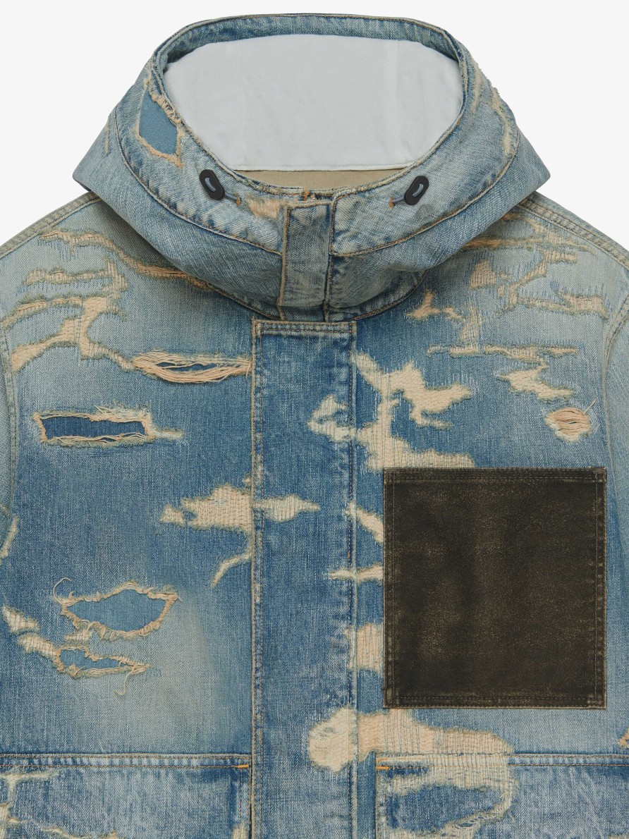 Men Givenchy Denim | Hooded Jacket In Destroyed Denim And Moleskin Medium Blue