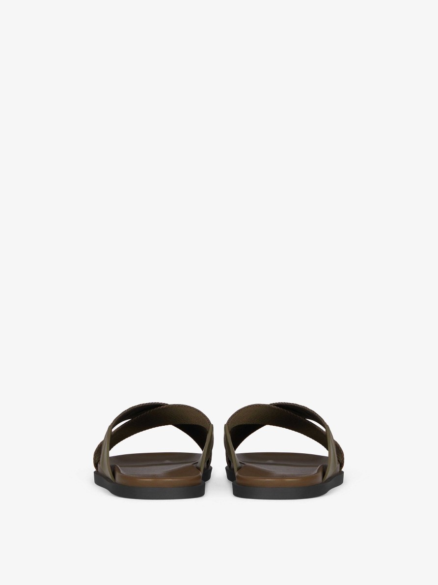 Men Givenchy Slides & Sandals | G Plage Sandals With Crossed Straps In Webbing Khaki