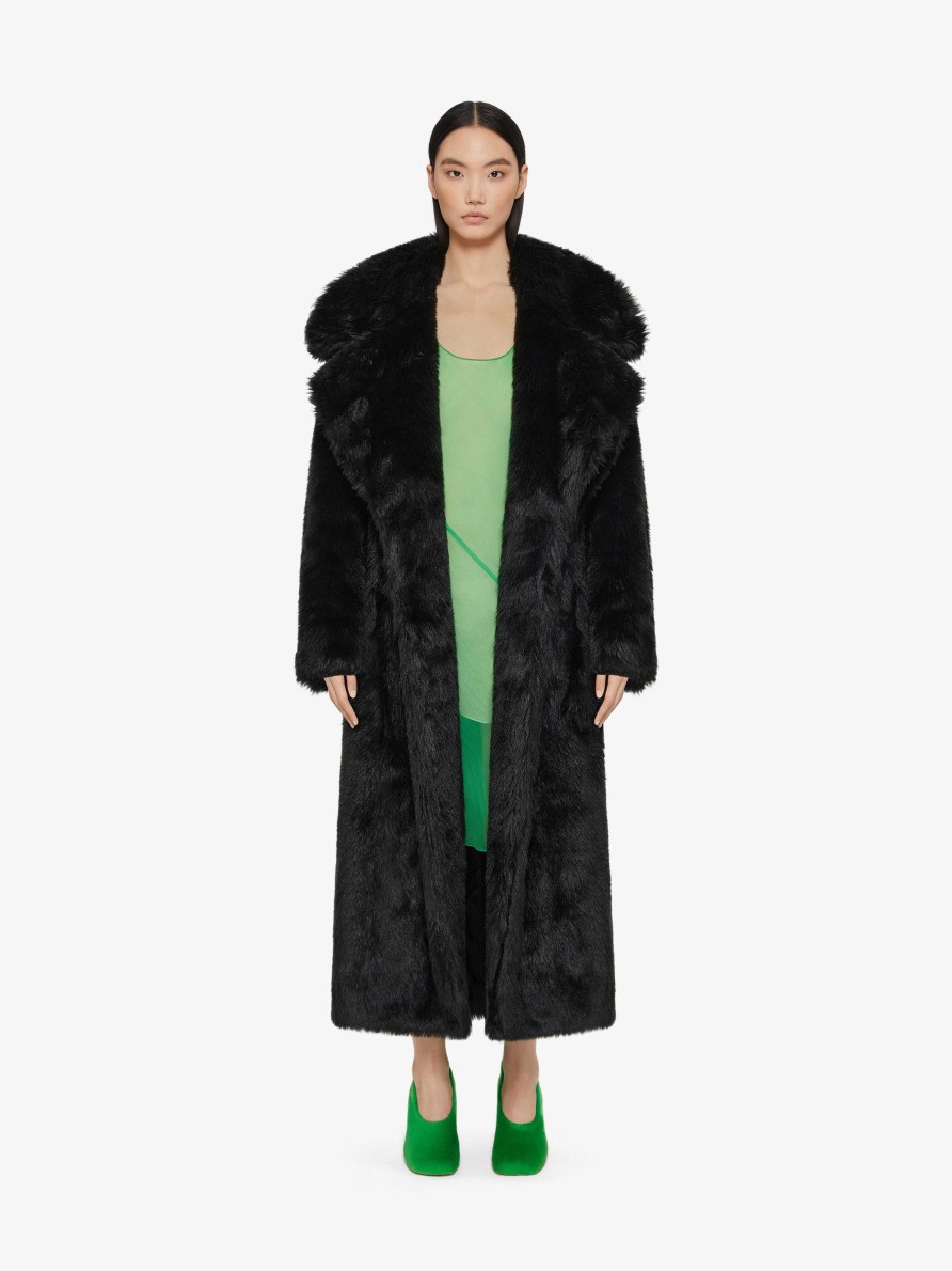 Women Givenchy Jackets & Coats | Double Breasted Coat In Faux Fur Black