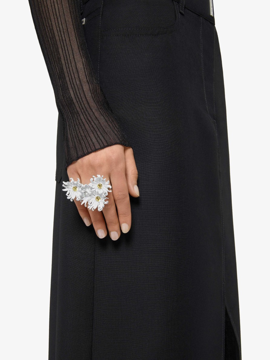 Women Givenchy Jewelry | Daisy Double Fingers Ring In Metal And Enamel With Crystals Off White