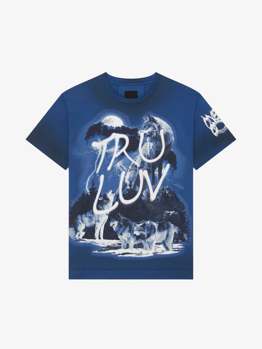 Men Givenchy T-Shirts | Oversized T-Shirt In Cotton With Givenchy Wolf Print Black/Dark Blue