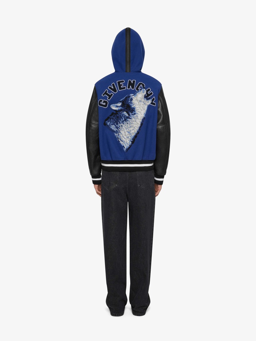 Men Givenchy Outerwear & Blousons | Varsity Jacket In Wool And Leather With Givenchy Wolf Black