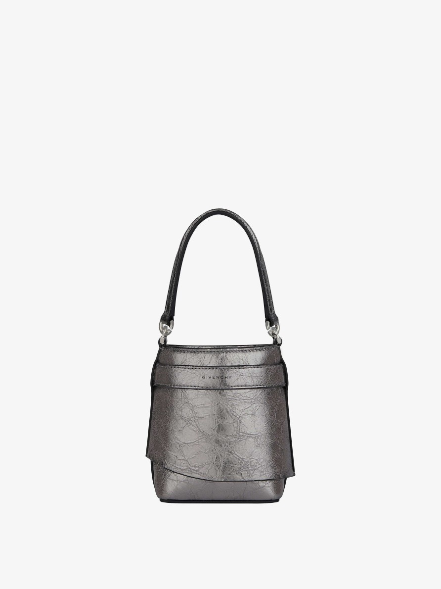 Women Givenchy Mini & Micro Bags | Micro Shark Lock Bucket Bag In Laminated Leather Silvery Grey