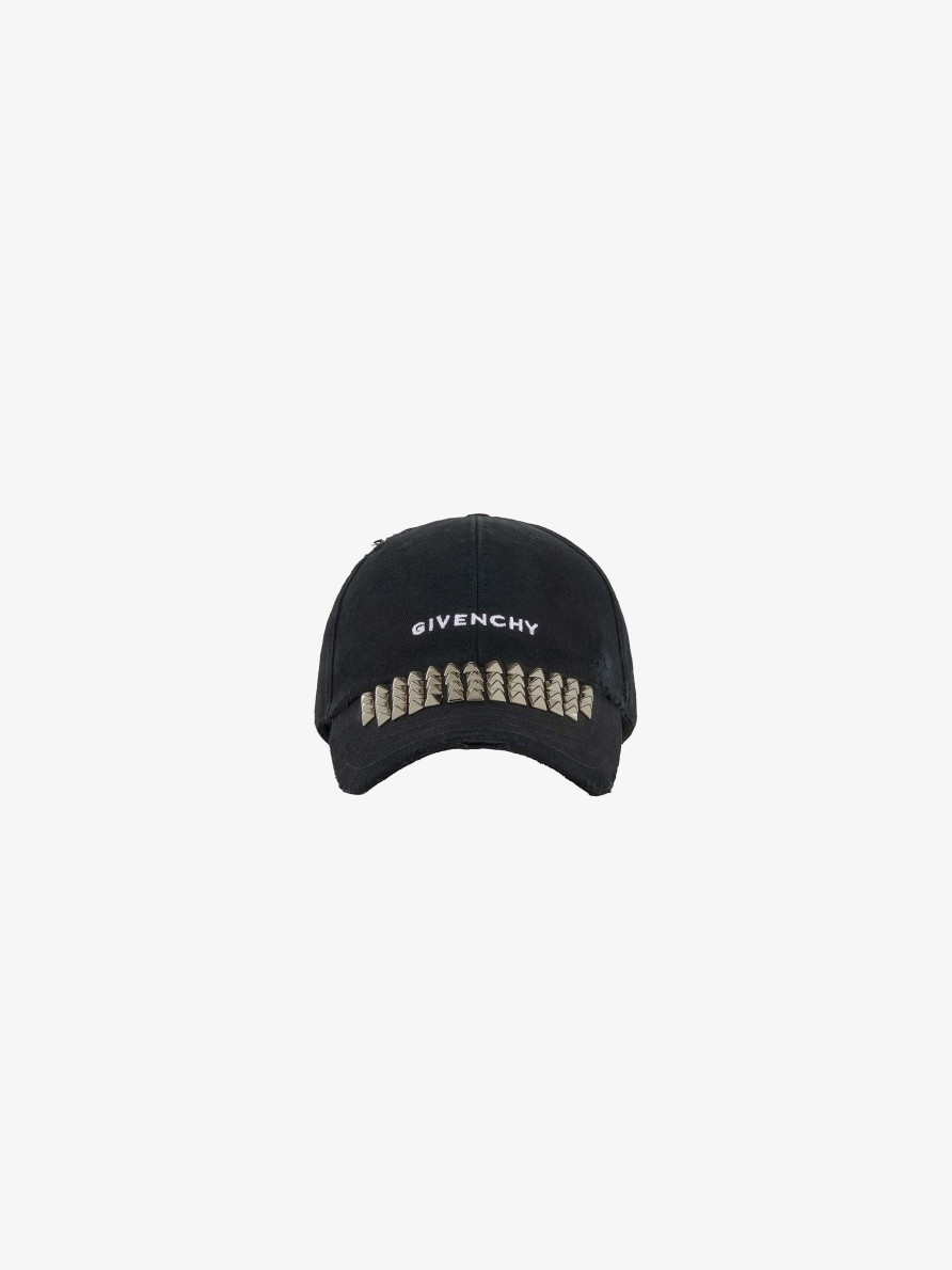 Men Givenchy Beanies & Caps | Givenchy Cap In Ripped & Repaired Cotton With Studs Black