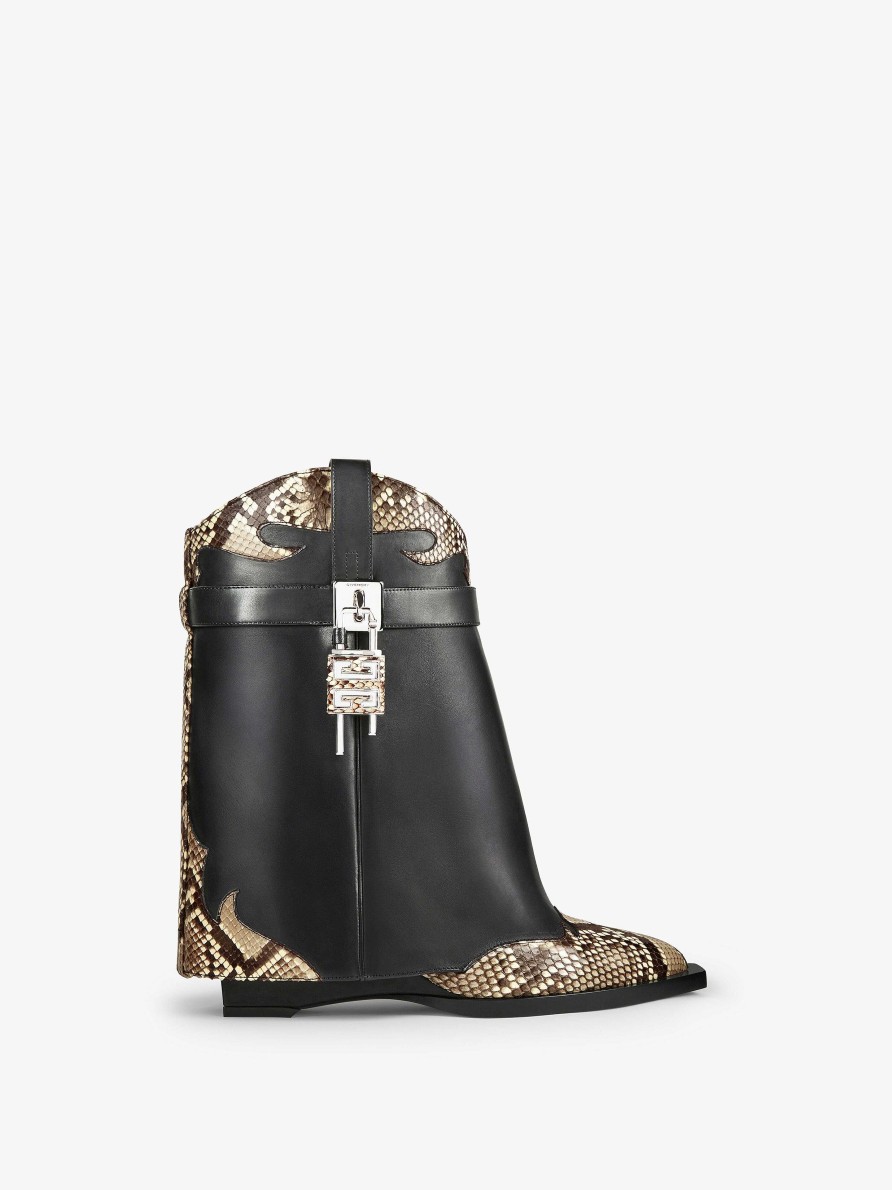 Women Givenchy Boots & Booties | Shark Lock Cowboy Ankle Boots In Leather And Python Black/Beige