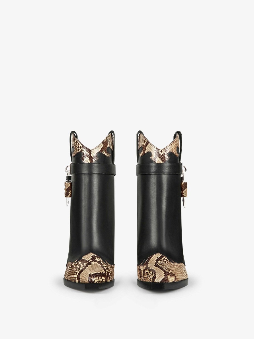 Women Givenchy Boots & Booties | Shark Lock Cowboy Ankle Boots In Leather And Python Black/Beige