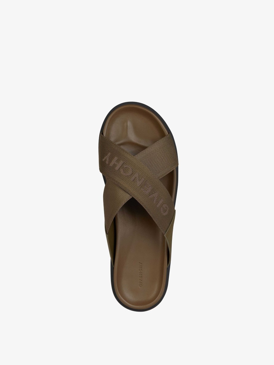 Men Givenchy Slides & Sandals | G Plage Sandals With Crossed Straps In Webbing Khaki