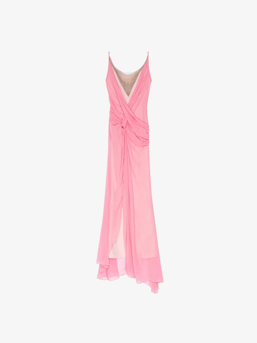 Women Givenchy Dresses | Evening Draped Dress In Silk With Chains Flamingo