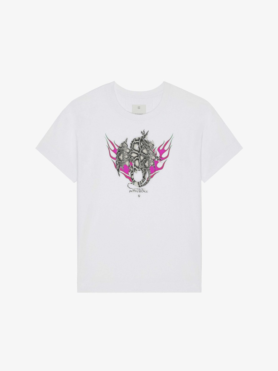 Men Givenchy T-Shirts | Boxy Fit T-Shirt In Cotton With Givenchy Dragon Print White