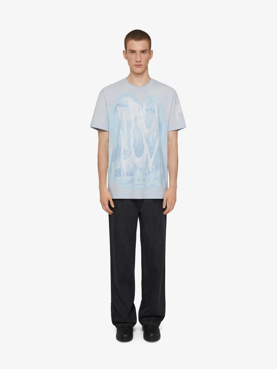 Men Givenchy T-Shirts | Oversized T-Shirt In Cotton With Givenchy Prints White/Light Blue