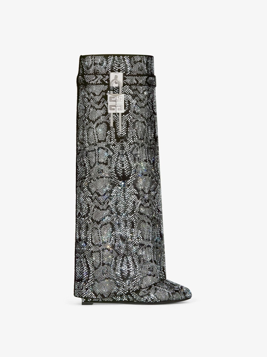 Women Givenchy Boots & Booties | Shark Lock Boots In Satin With Python Effect Strass Grey/Natural