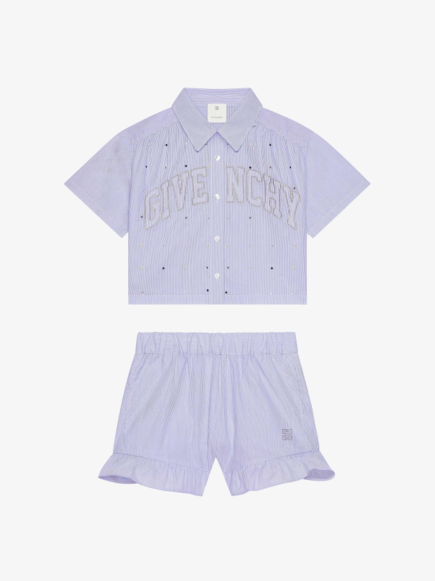 Women Givenchy Girl (4 To 12 Years) | Givenchy College Shirt And Shorts With Stripes Set White/Blue