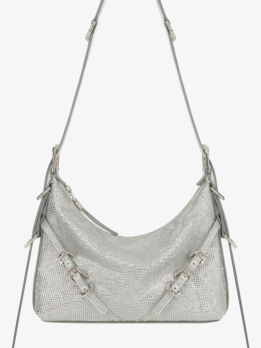 Women Givenchy Voyou | Mini Voyou Bag In Satin With Strass And Leather Silvery Grey