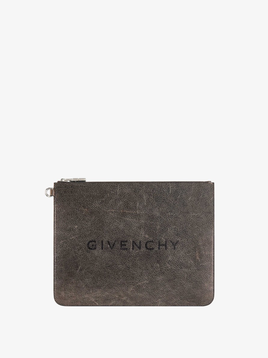 Men Givenchy Small Leather Goods | Large Givenchy Pouch In Crackled Leather Black/Grey