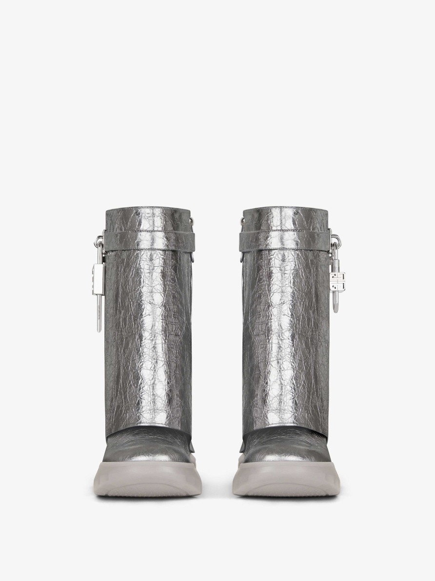 Women Givenchy Boots & Booties | Shark Lock Biker Ankle Boots In Laminated Leather Silvery Grey