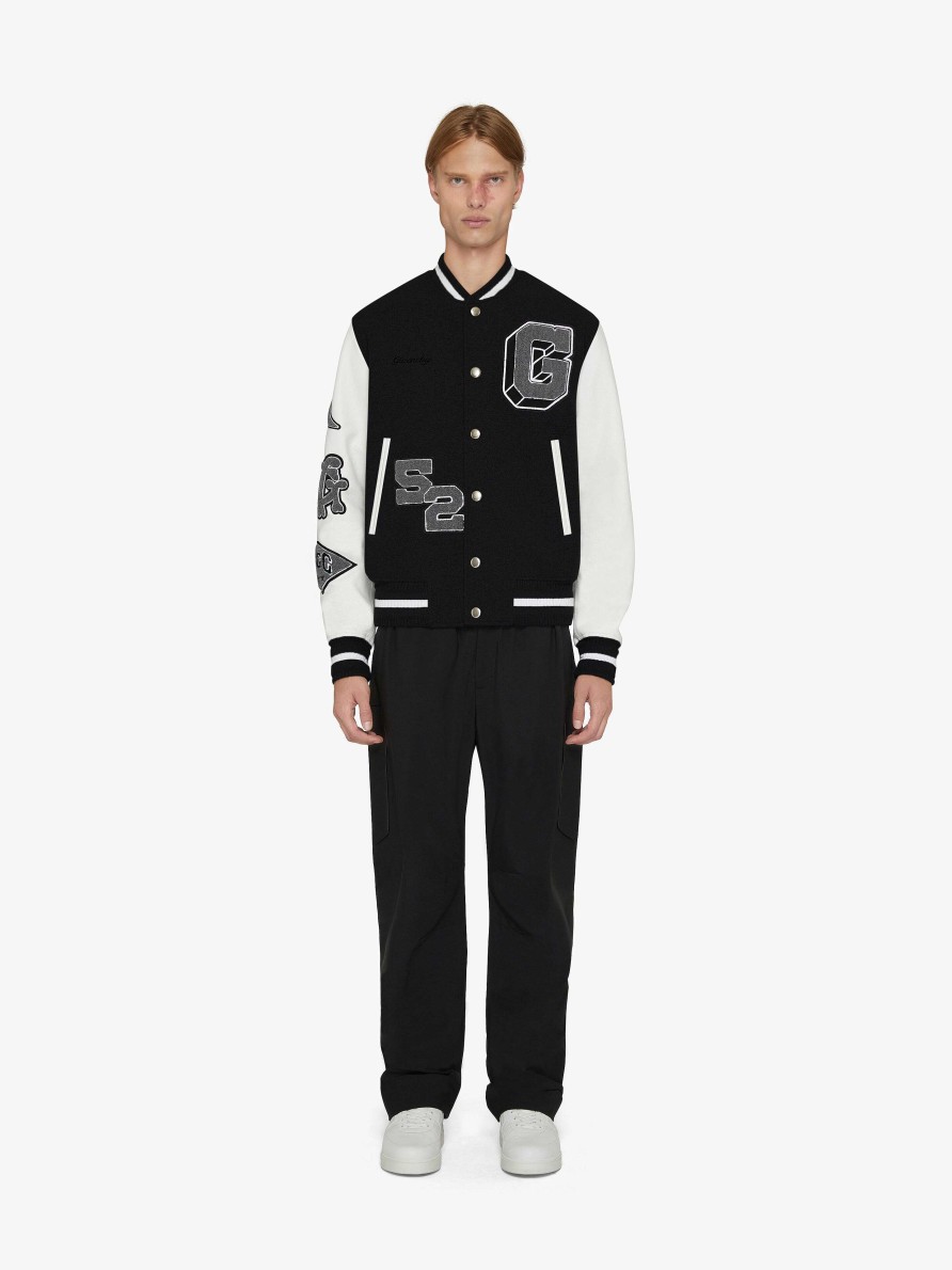 Men Givenchy Outerwear & Blousons | Varsity Jacket In Embroidered Wool And Leather Black/White