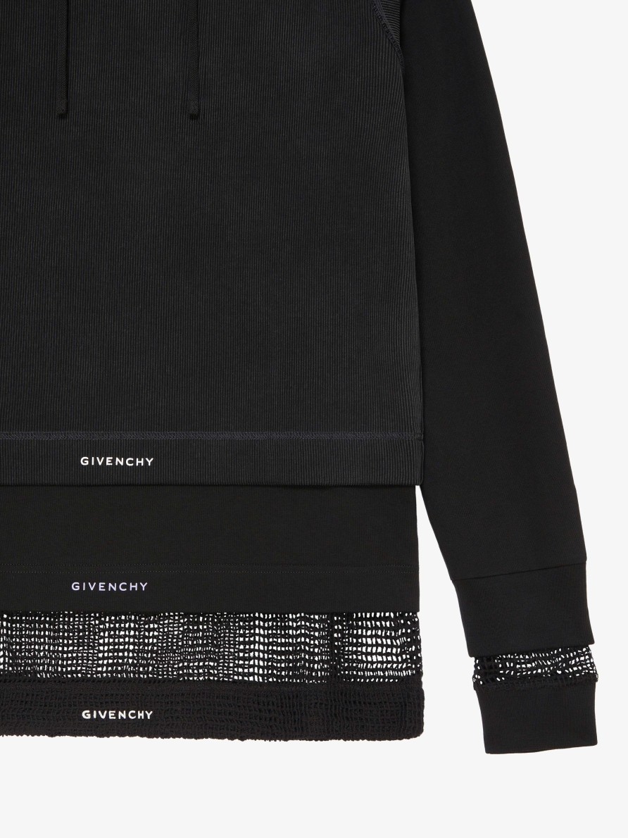 Men Givenchy Sweatshirts & Hoodies | Overlapped Hooded T-Shirt In Cotton And Mesh Black