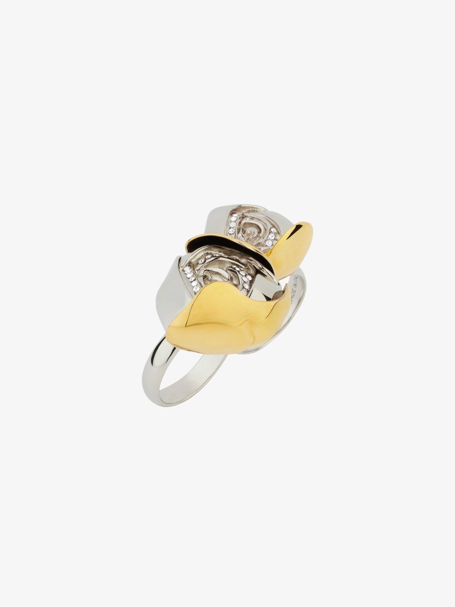 Women Givenchy Jewelry | Flower Double Fingers Ring In Metal With Crystals Golden/Silvery