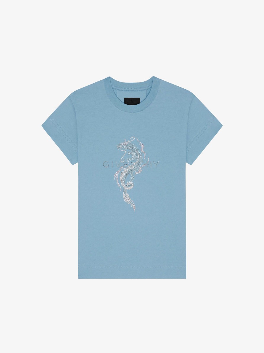 Women Givenchy T-Shirts | Slim Fit T-Shirt In Cotton And Givenchy Dragon Strass Sky Blue