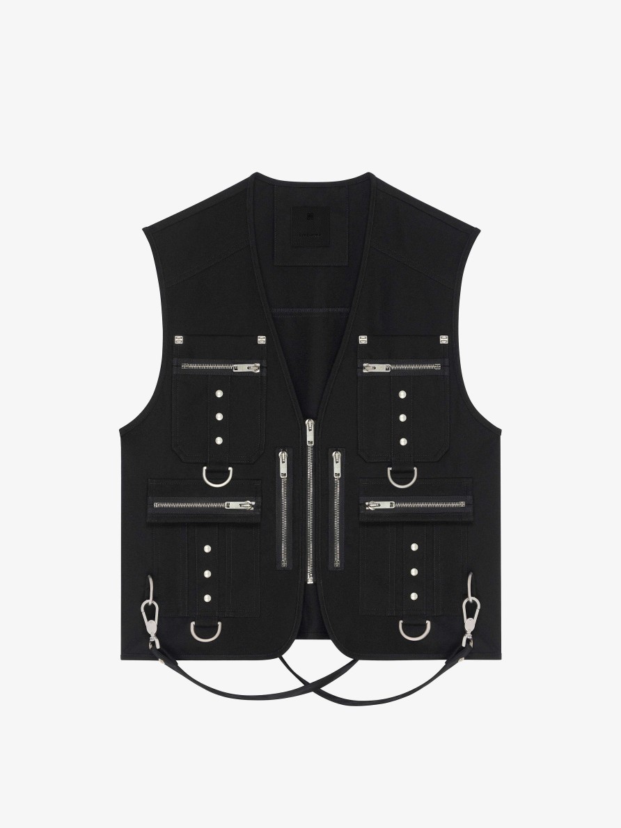 Men Givenchy Jackets & Coats | Multipocket Waistcoat In Wool With Suspenders Black