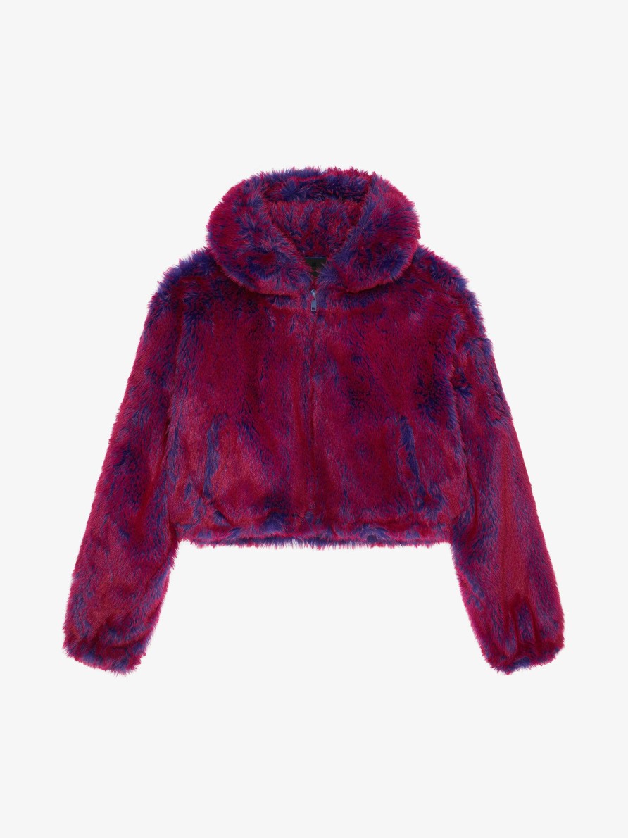 Men Givenchy Outerwear & Blousons | Cropped Hooded Bomber Jacket In Faux Fur With Pocket Pink/Blue