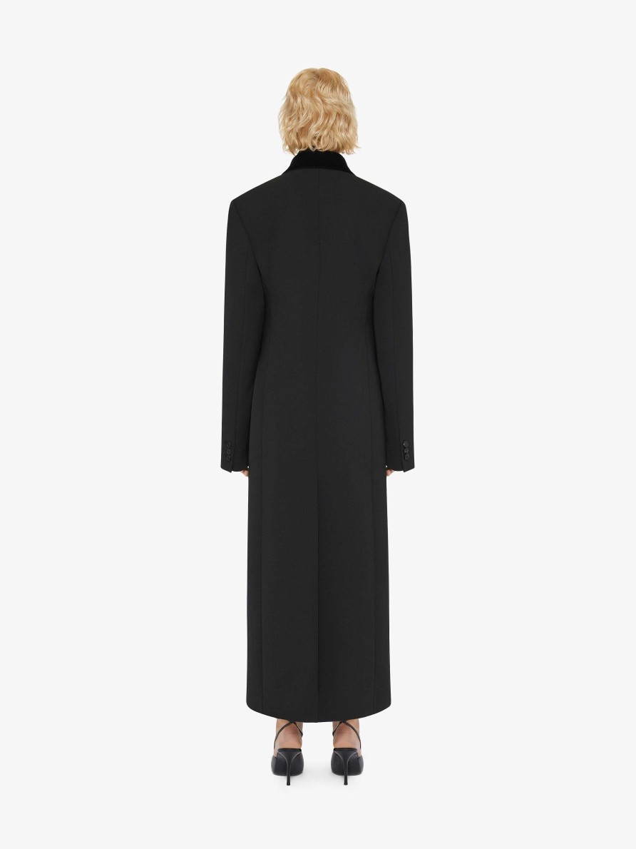 Women Givenchy Jackets & Coats | Double Breasted Coat In Tricotine Wool With Velvet Details Black