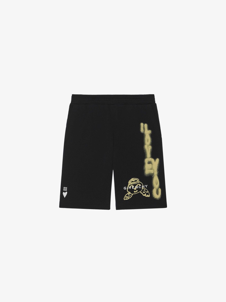 Men Givenchy Shorts | Bermuda Shorts In Fleece With Givenchy Angel Print Black