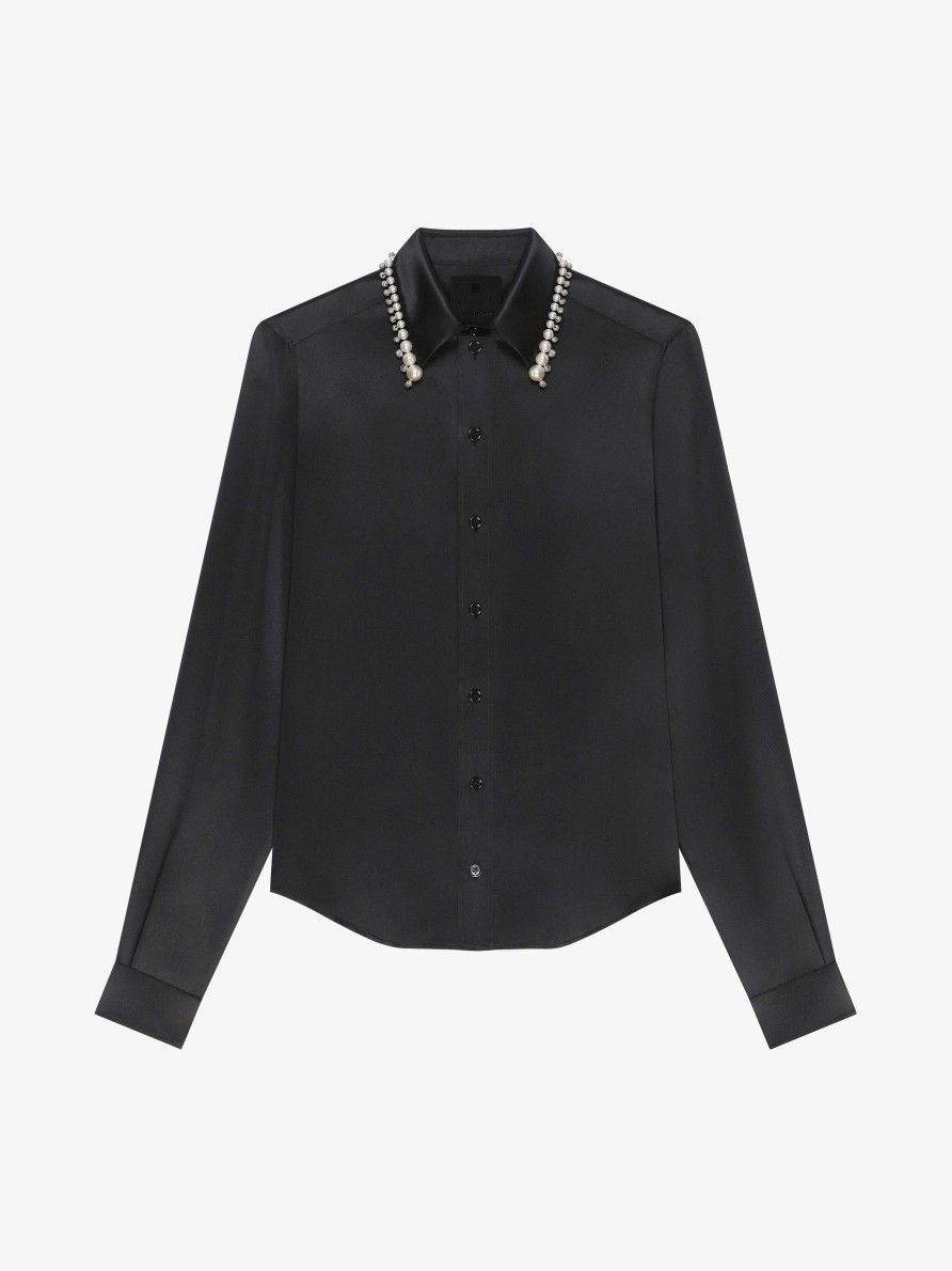 Women Givenchy Tops & Shirts | Shirt In Satin Silk With Embroidered Pearls Black