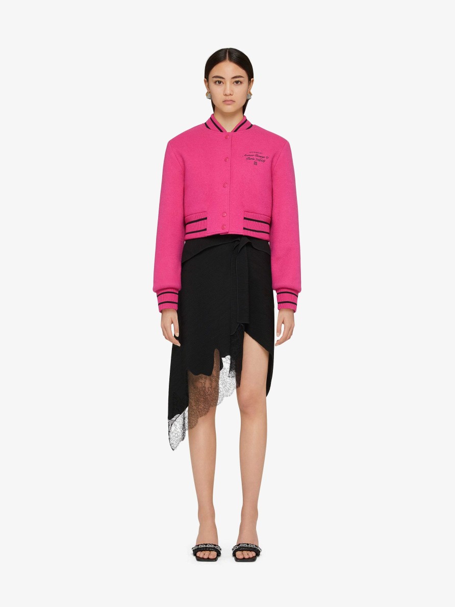 Women Givenchy Outerwear & Blousons | Cropped Varsity Jacket In Wool Pink/Black