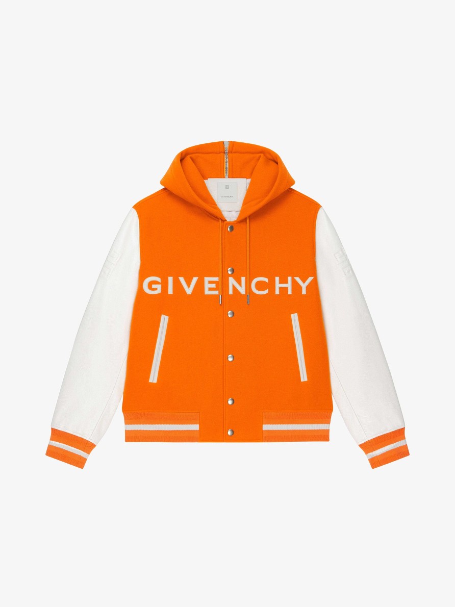 Men Givenchy Outerwear & Blousons | Givenchy Hooded Varsity Jacket In Wool And Leather Orange