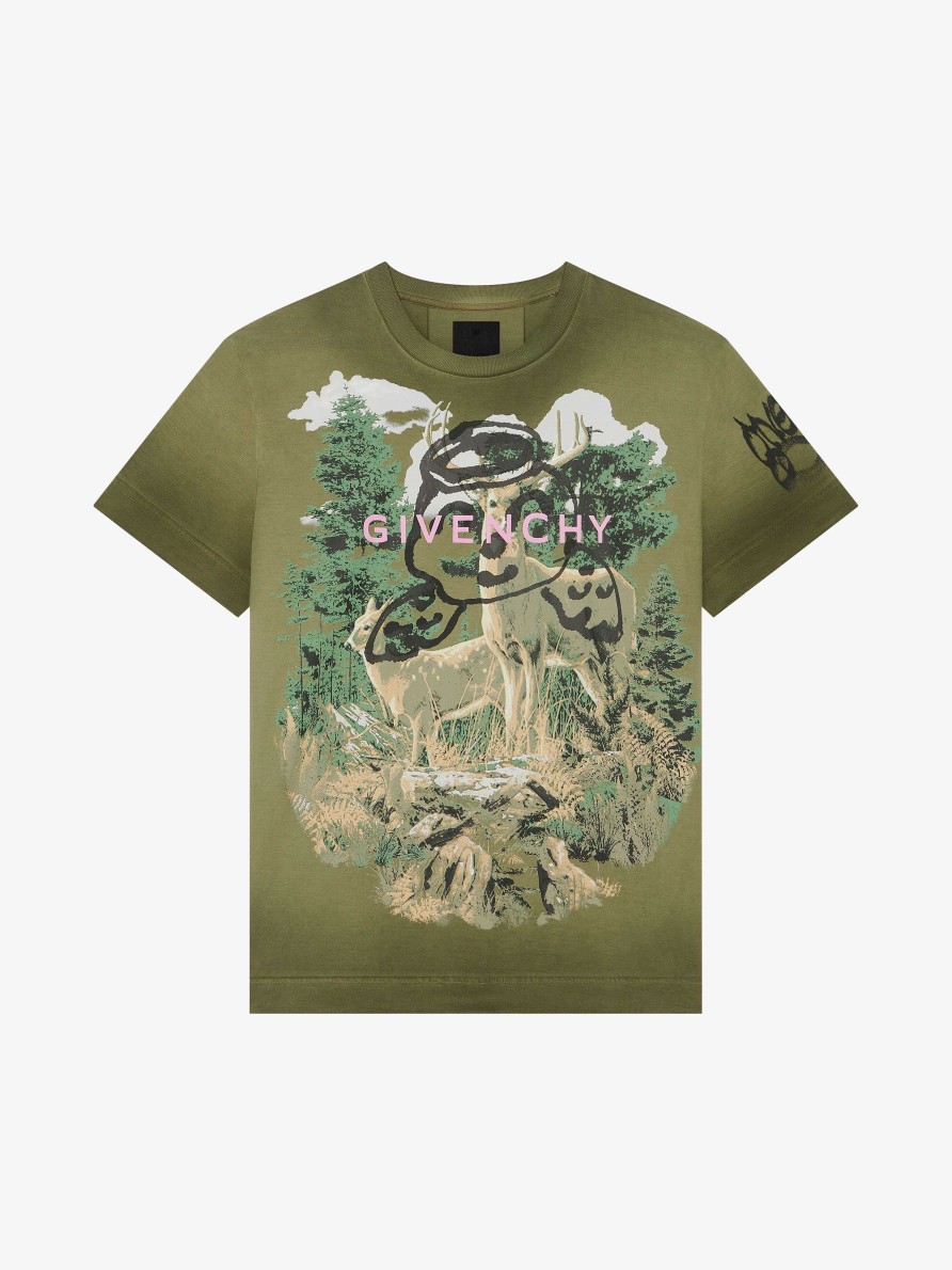 Men Givenchy T-Shirts | Oversized T-Shirt In Cotton With Givenchy Angel Print Aqua Green