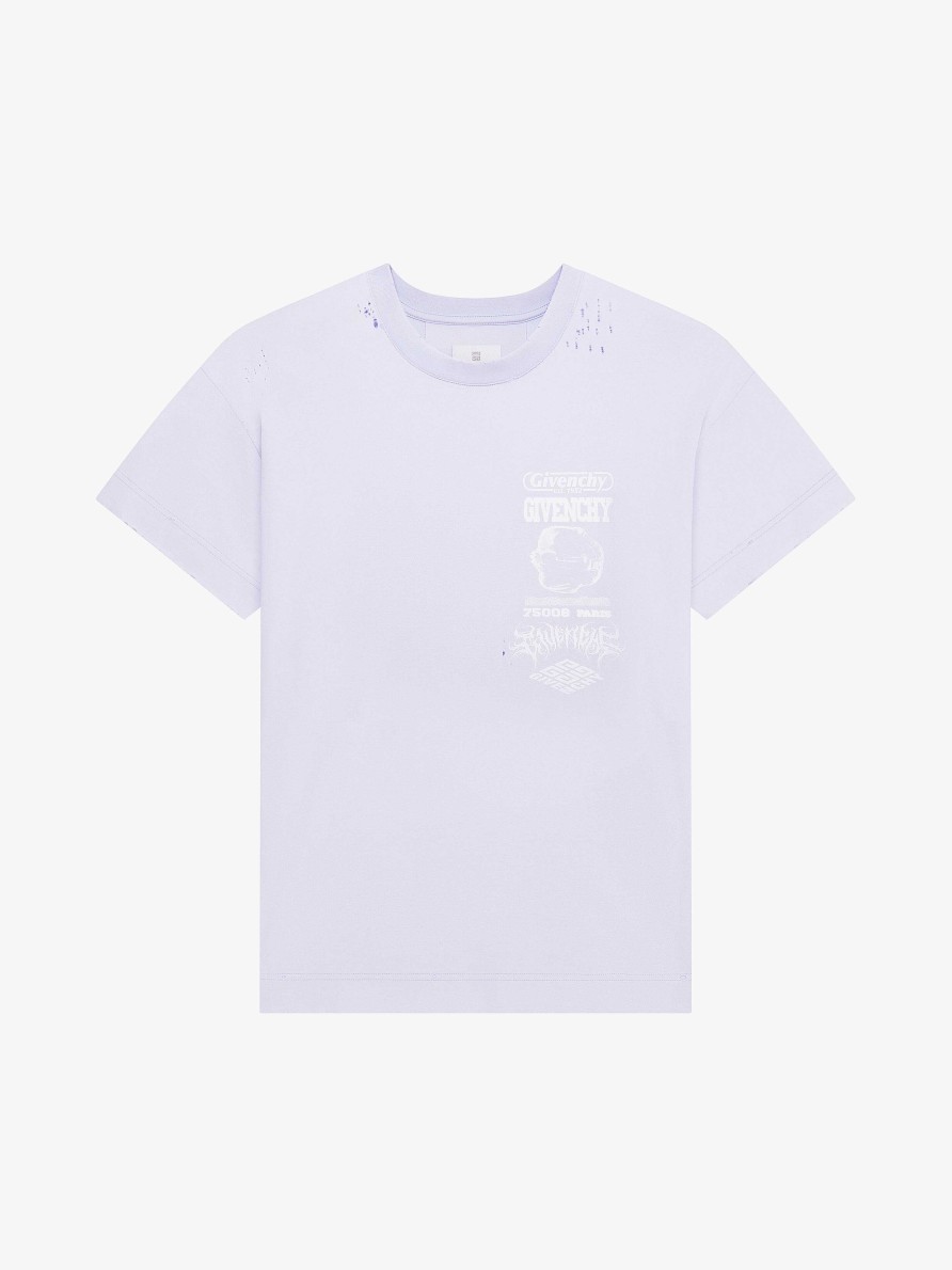 Men Givenchy T-Shirts | T-Shirt In Cotton With Givenchy And 4G Butterfly Prints Baby Blue