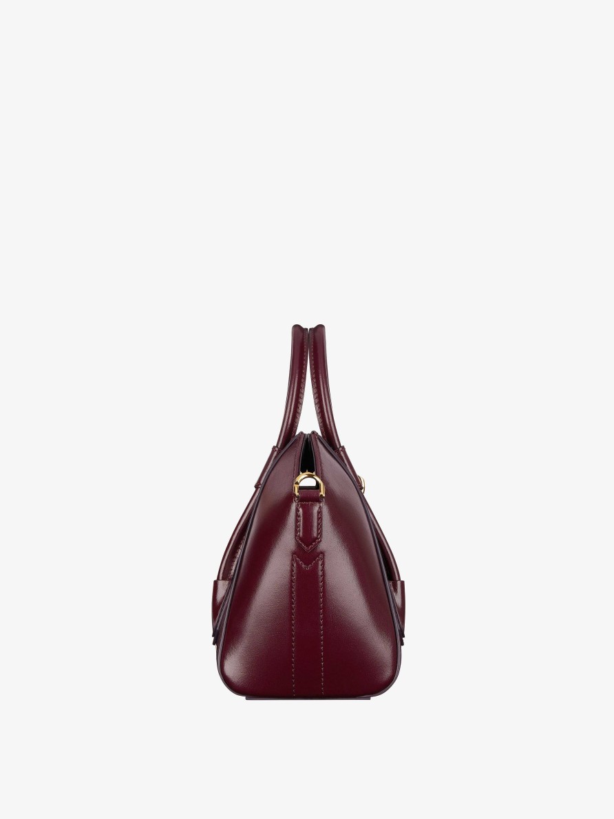 Women Givenchy Mini & Micro Bags | Mini Antigona Lock Bag In Box Leather Oxblood Red