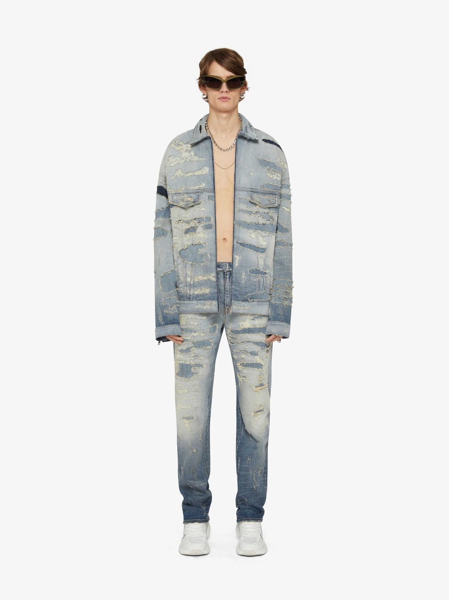 Men Givenchy Denim | Oversized Jacket In Rip And Repair Denim Light Blue