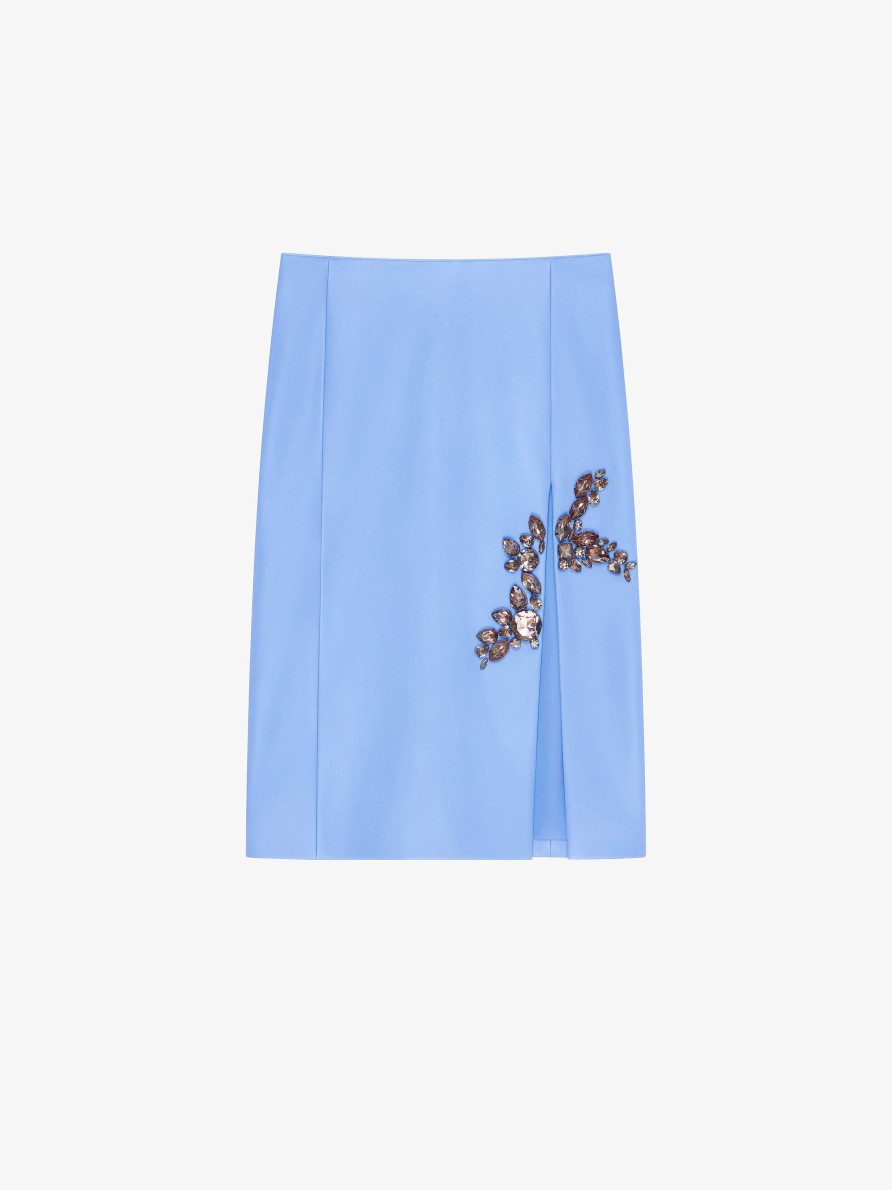 Women Givenchy Skirts | Skirt In Leather With Embroidered Stones Cornflower