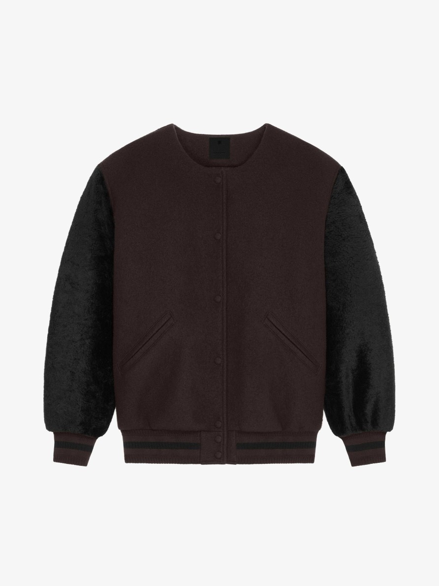 Women Givenchy Outerwear & Blousons | Oversized Varsity Jacket In Wool And Shearling Dark Brown