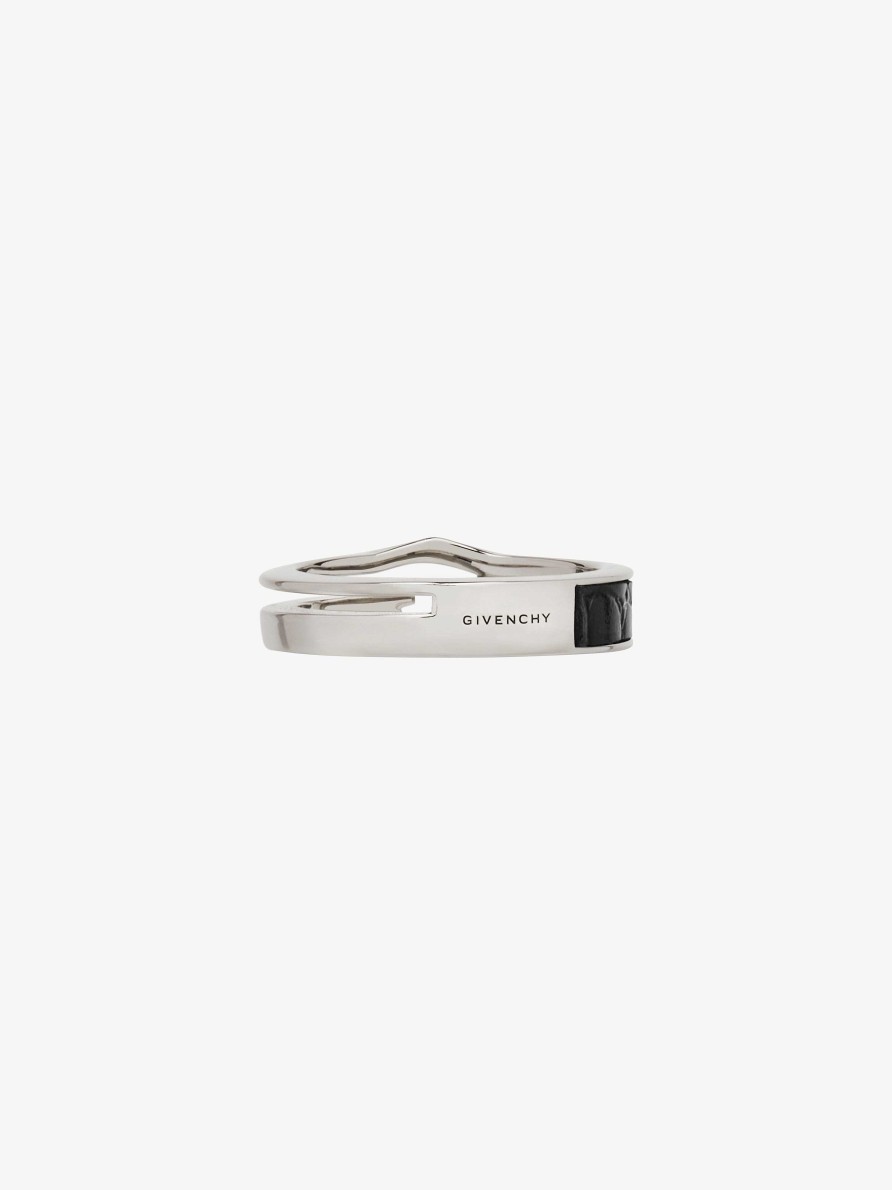 Men Givenchy Jewelry | Giv Cut Ring In Metal And Leather Black/Silvery