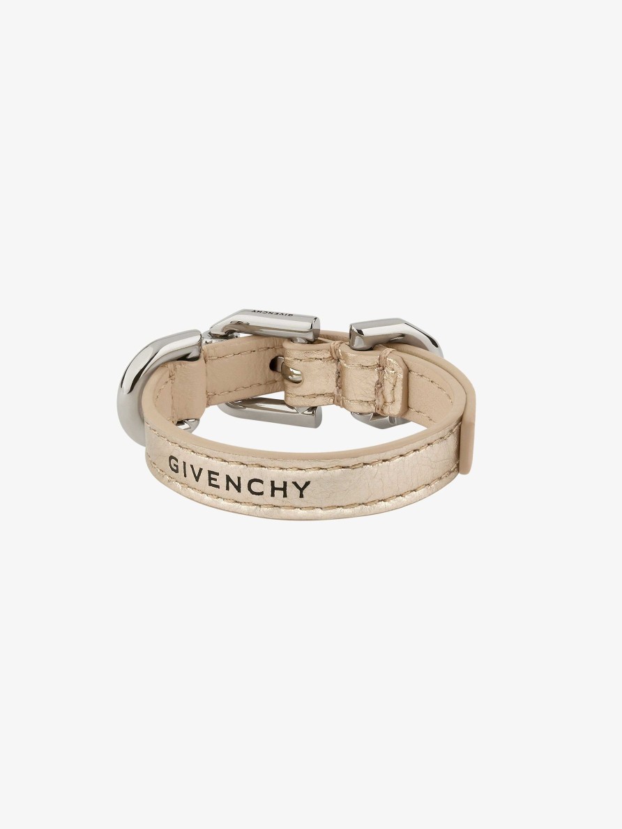 Women Givenchy Jewelry | Voyou Bracelet In Laminated Leather And Metal Dusty Gold