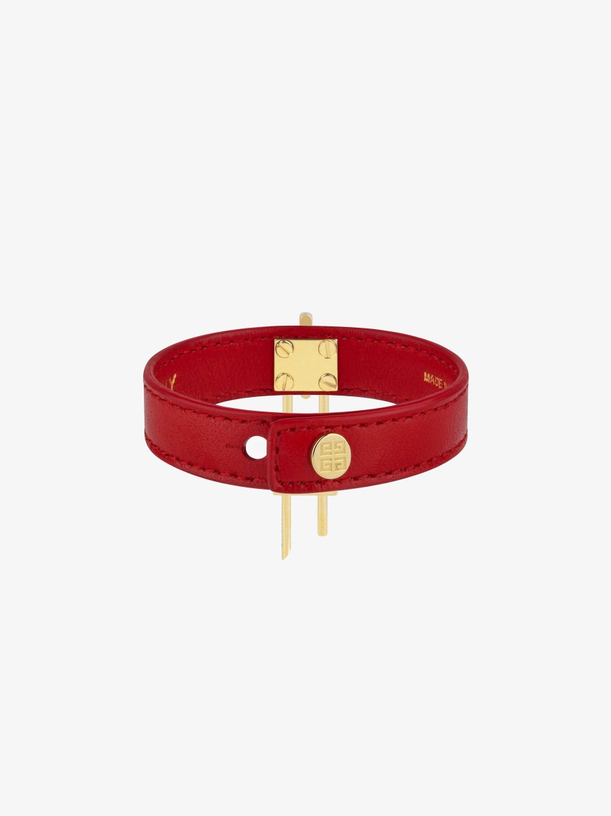 Women Givenchy Jewelry | Mini Lock Bracelet In Metal And Leather Golden/Red